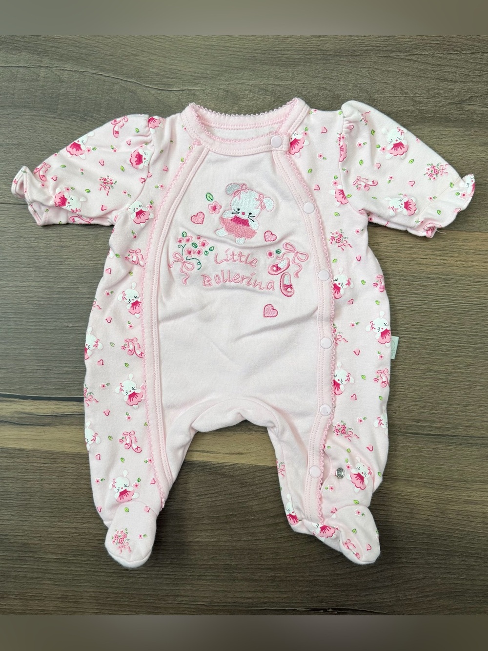 Y2K Baby Girl Pink Embroidered Ballerina Bunny Footed Romper Size 0-3 months
